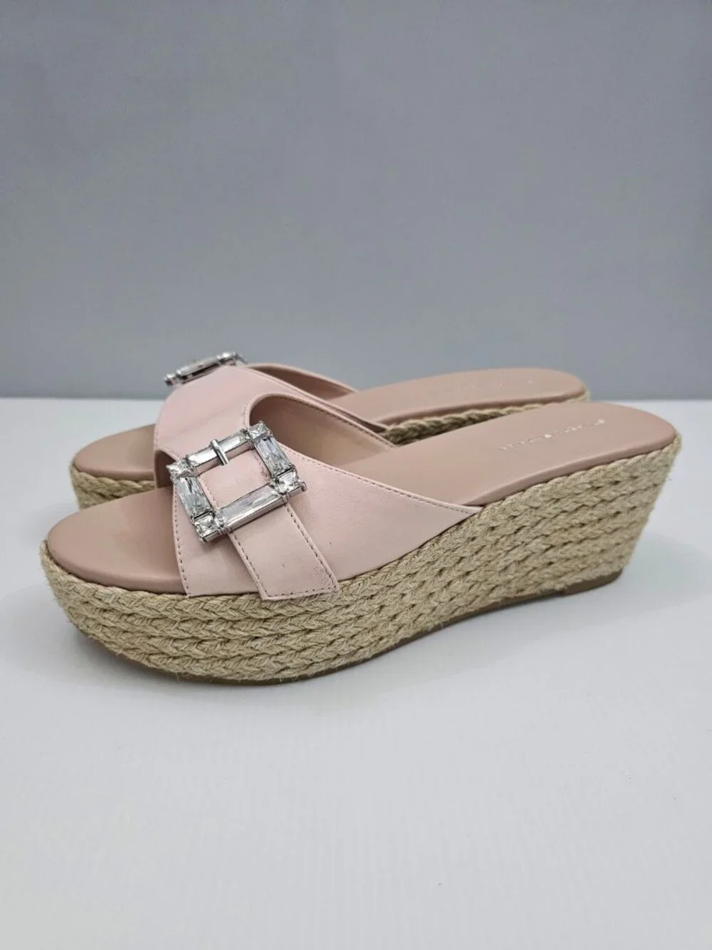 Stuart Weitzman June 75 Espadrille Wedge Sandal Size 9 Blush Pink Crystal Buckle